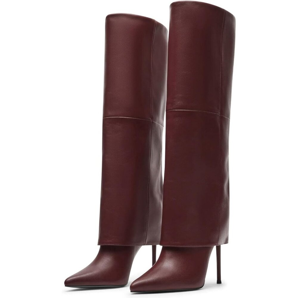Women’s Fashion Fall Winter Burgundy Fold Over Pointed Toe Knee High Heel Boots - Picture 1 of 9